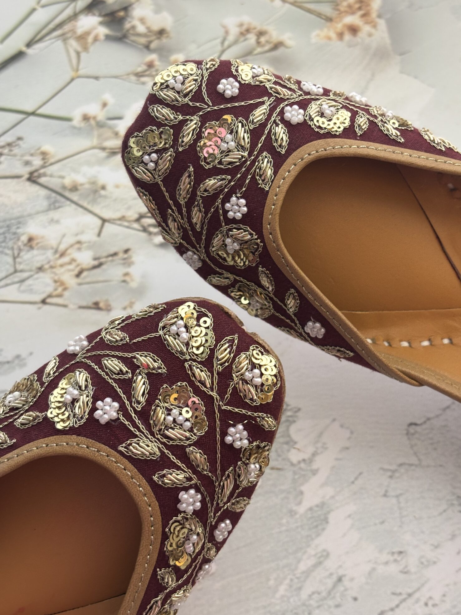 IMG_9655 Maroon hand embroidered jutti with golden sequins and pearls