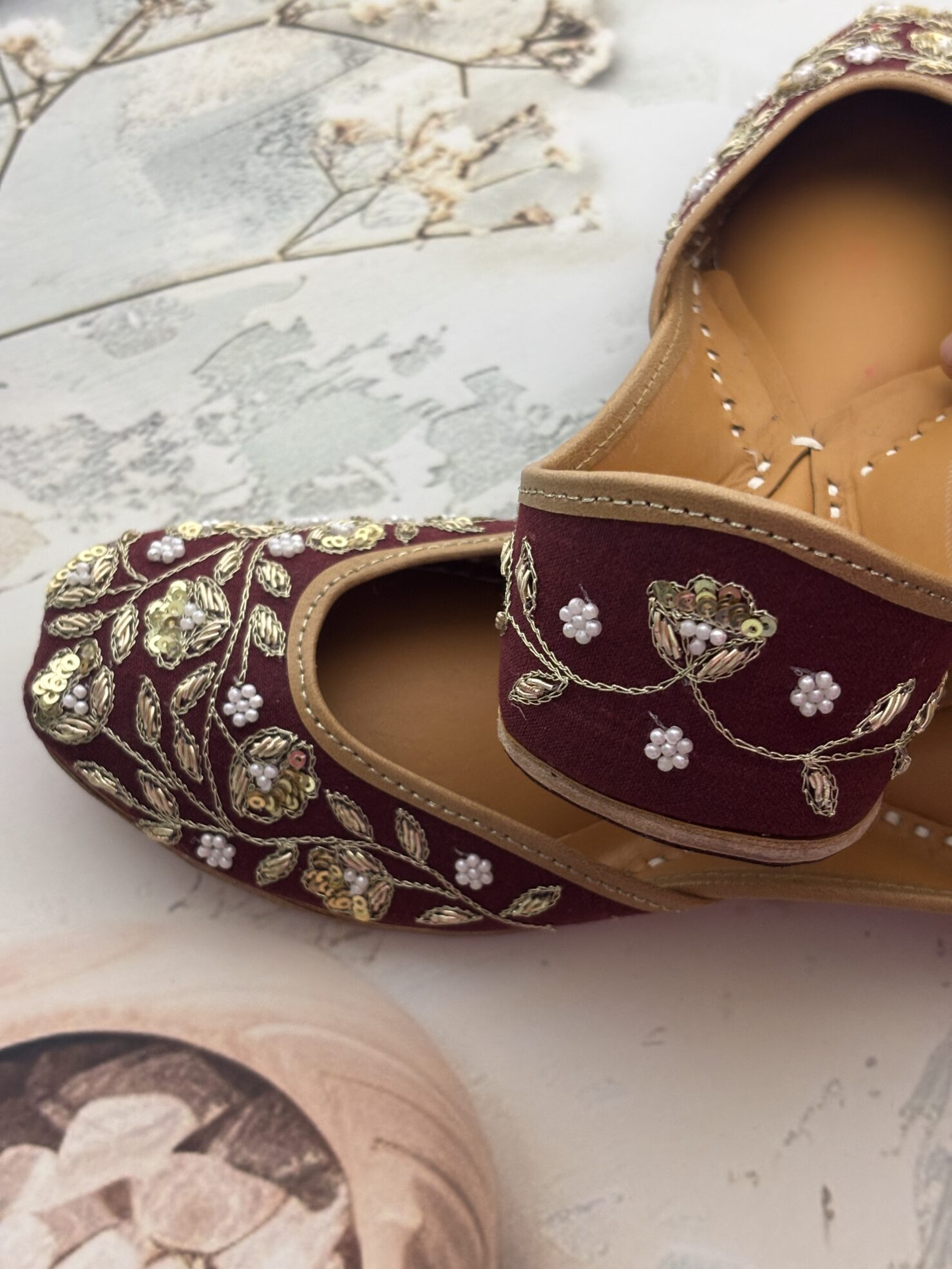 IMG_9657 Maroon hand embroidered jutti with golden sequins and pearls
