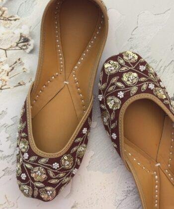 Maroon hand embroidered jutti with golden sequins and pearls