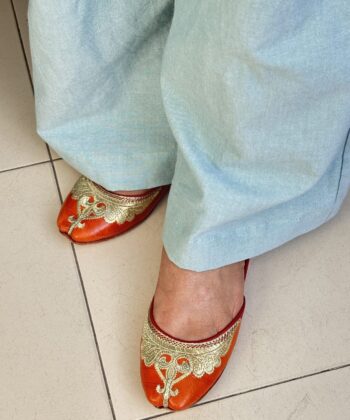 pure leather light weight daily wear orange jooti, golden zari hand work