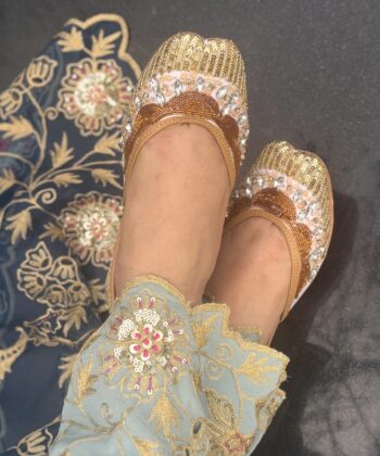pure leather light weight white punjabi jutti, hand work with golden sequins, copper dabka and stones