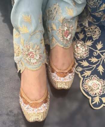 pure leather light weight white punjabi jutti, hand work with golden sequins, copper dabka and stones